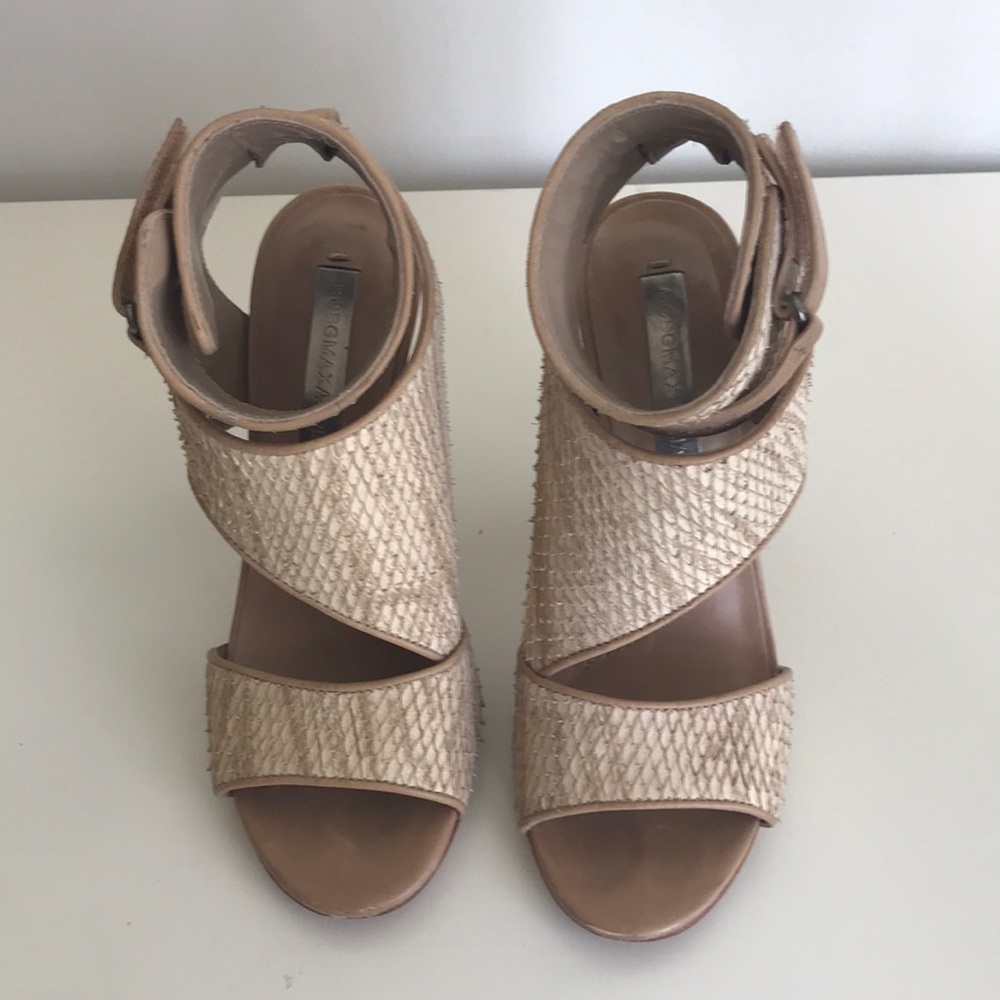 BCBGMaxAzria tan high heel sandals, size 5.5